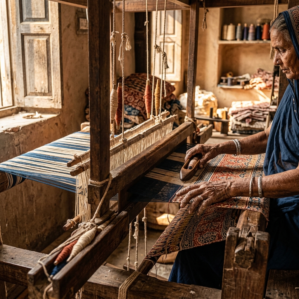 Traditional loom in action — Handwoven Textiles, Bagru, Rajasthan